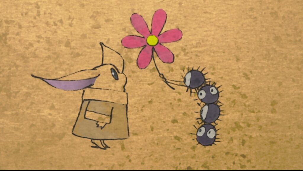I conigli di polvere regalano un fiore al protagonista