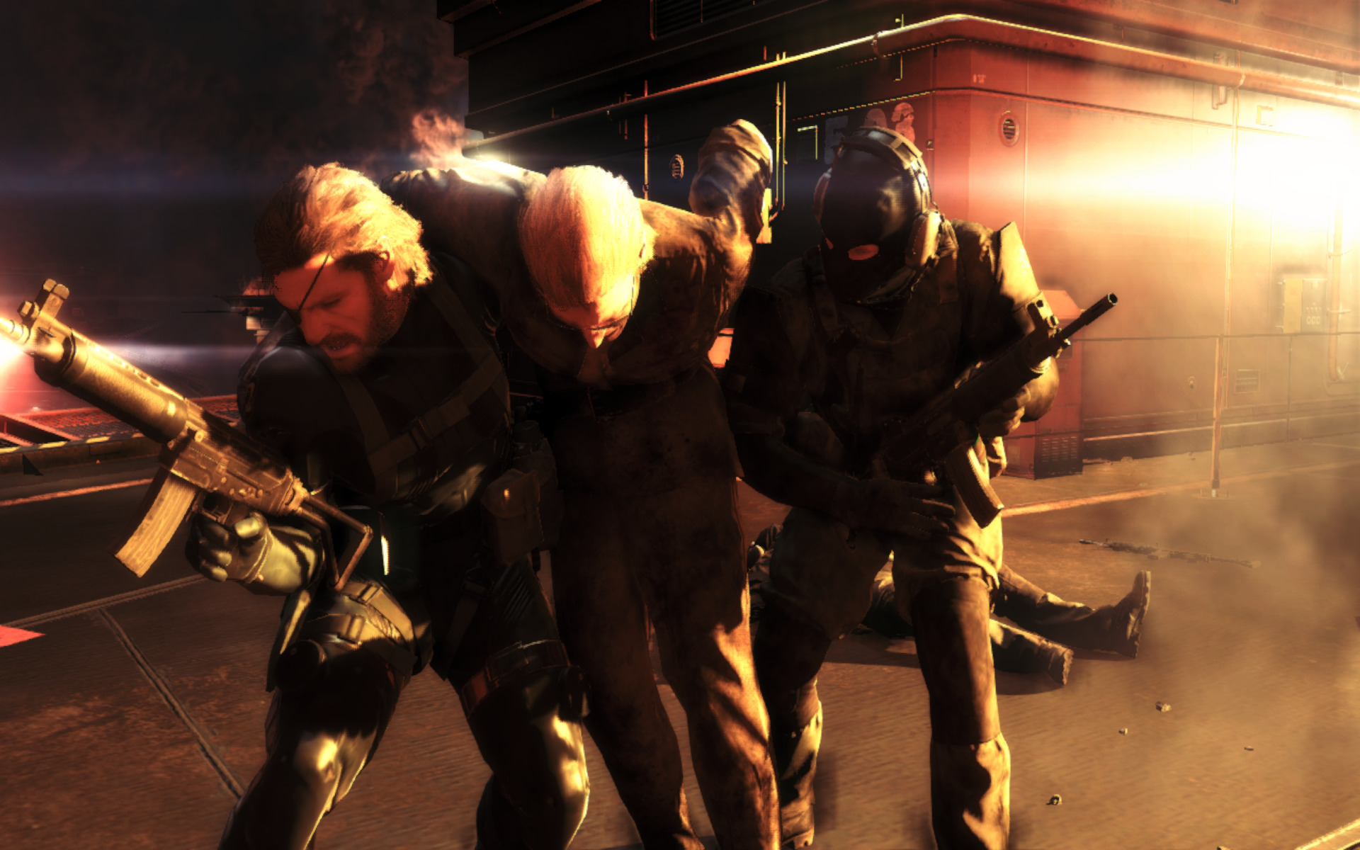 Una cutscene della distruzione della Mother Base in Ground Zeroes: l'inizio della fine.